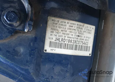 1999 Honda Cr-V Ex from USA, damaged, VIN JHLRD1863XC075443